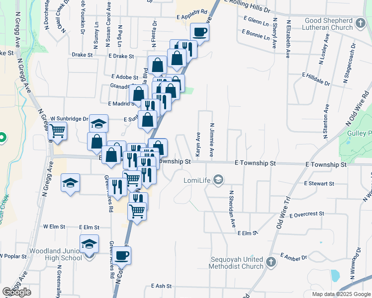 map of restaurants, bars, coffee shops, grocery stores, and more near 2433 North Brophy Avenue in Fayetteville