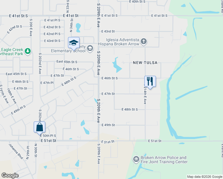 map of restaurants, bars, coffee shops, grocery stores, and more near 4676 South 211th East Avenue in Broken Arrow