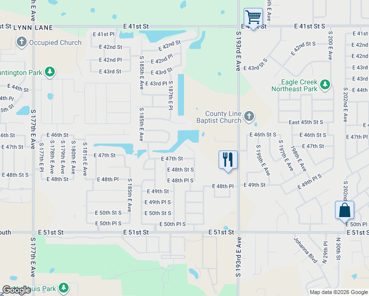 map of restaurants, bars, coffee shops, grocery stores, and more near 4612 South 189th East Avenue in Tulsa
