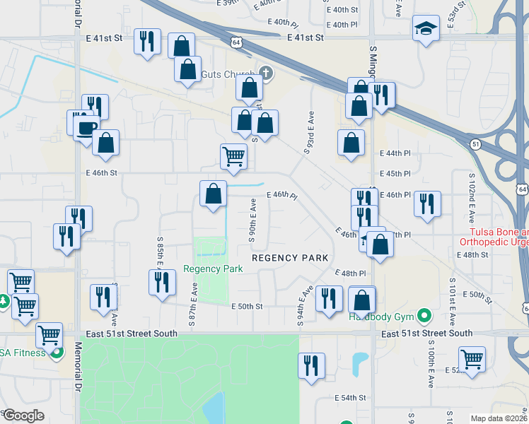 map of restaurants, bars, coffee shops, grocery stores, and more near 4617 South 90th East Avenue in Tulsa