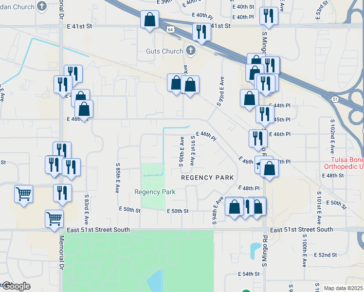 map of restaurants, bars, coffee shops, grocery stores, and more near 4617 South 90th East Avenue in Tulsa