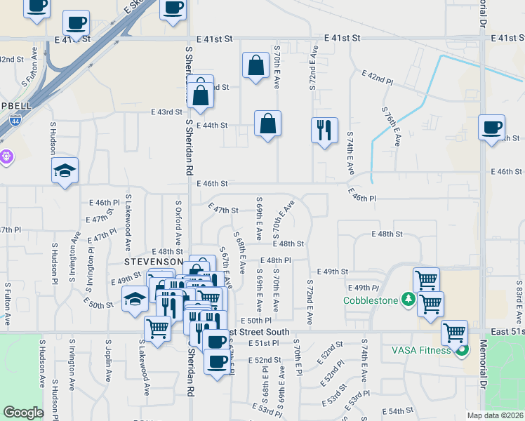 map of restaurants, bars, coffee shops, grocery stores, and more near 4712 South 70th East Avenue in Tulsa