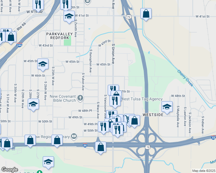 map of restaurants, bars, coffee shops, grocery stores, and more near 4634 South Union Avenue in Tulsa