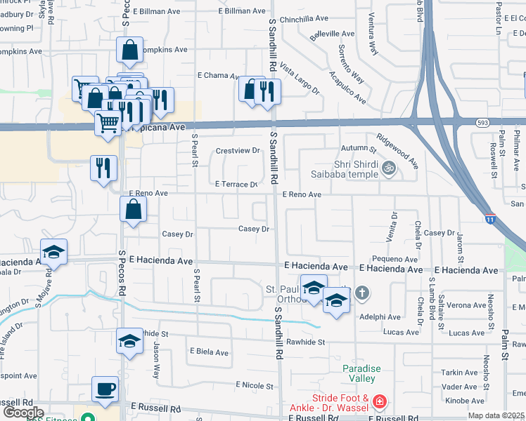 map of restaurants, bars, coffee shops, grocery stores, and more near 5141 Shadow Hill Drive in Las Vegas