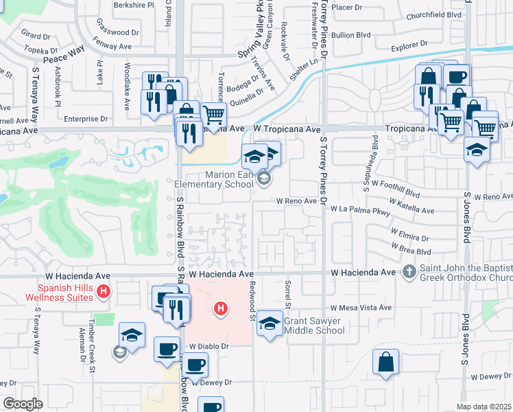 map of restaurants, bars, coffee shops, grocery stores, and more near 1060 Redwood Street in Las Vegas