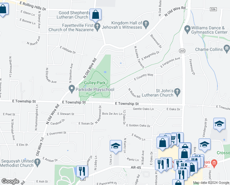 map of restaurants, bars, coffee shops, grocery stores, and more near 2468 North Primrose Lane in Fayetteville