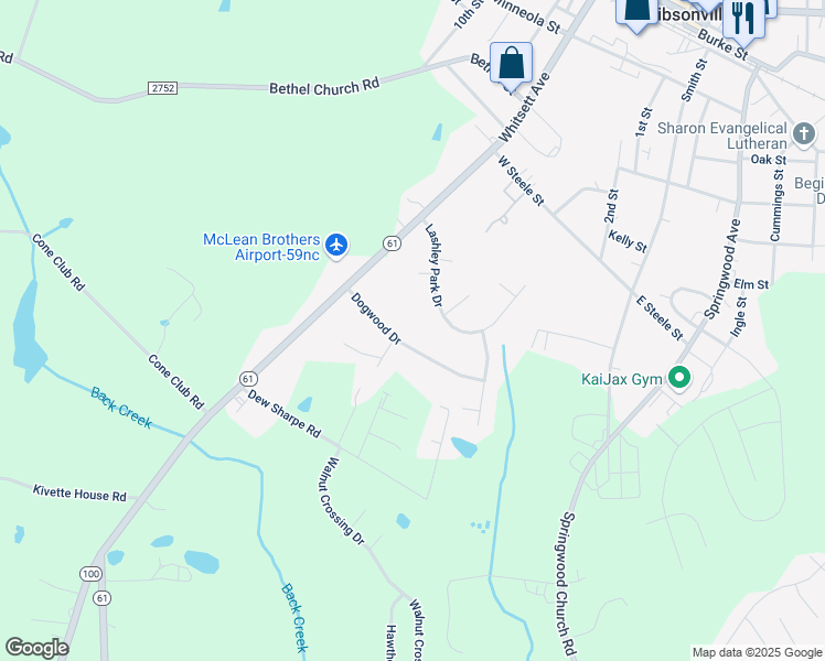 map of restaurants, bars, coffee shops, grocery stores, and more near 1312 Dogwood Drive in Gibsonville