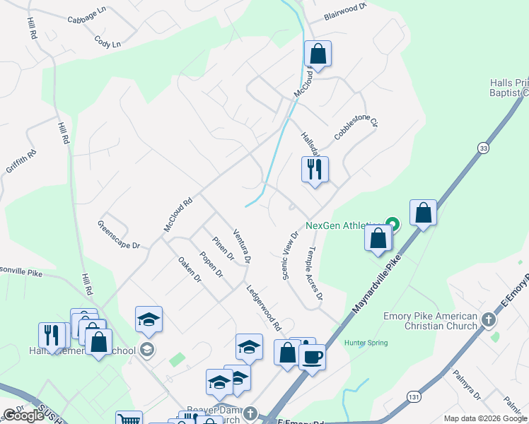 map of restaurants, bars, coffee shops, grocery stores, and more near 4407 Mace Lane in Knoxville