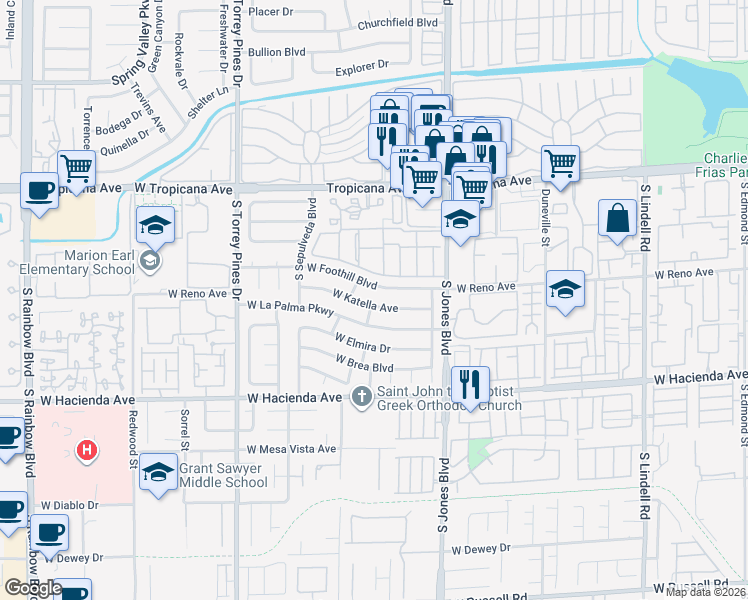map of restaurants, bars, coffee shops, grocery stores, and more near 6236 West Katella Avenue in Las Vegas