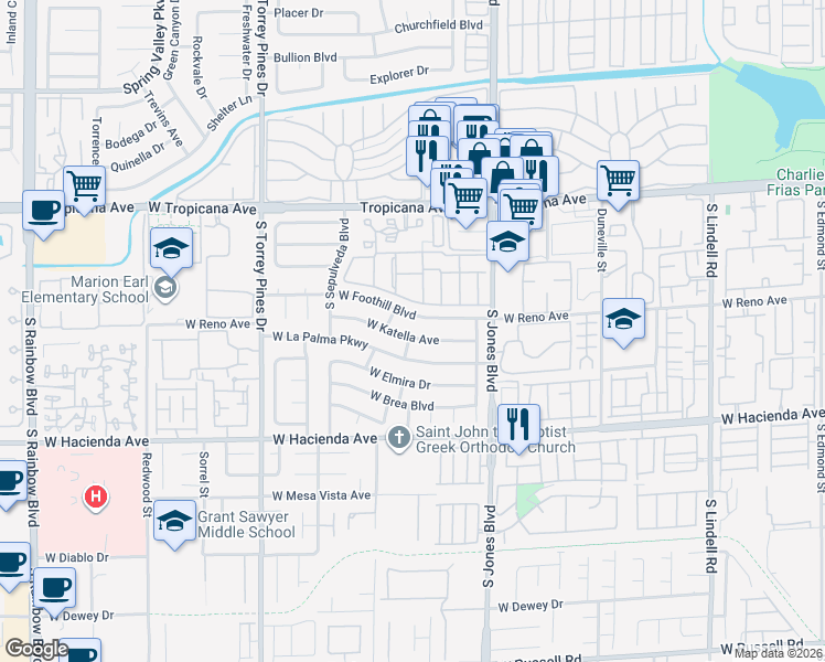 map of restaurants, bars, coffee shops, grocery stores, and more near 6246 West Katella Avenue in Las Vegas