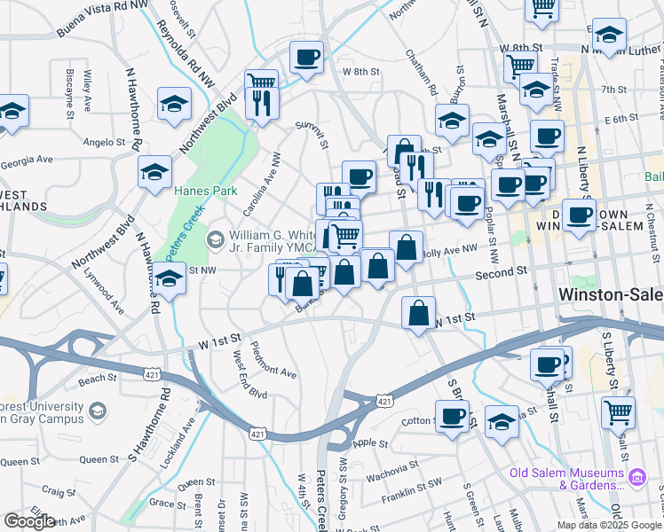 map of restaurants, bars, coffee shops, grocery stores, and more near 940 Burke Street in Winston-Salem