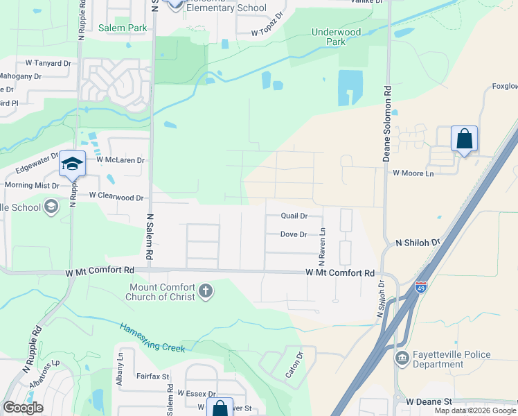 map of restaurants, bars, coffee shops, grocery stores, and more near 2399 North Woodlark Lane in Fayetteville