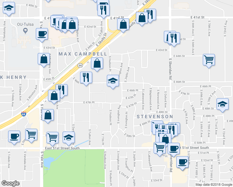 map of restaurants, bars, coffee shops, grocery stores, and more near 4630 South Irvington Avenue in Tulsa