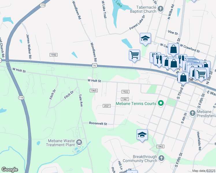 map of restaurants, bars, coffee shops, grocery stores, and more near 203 West Street in Mebane