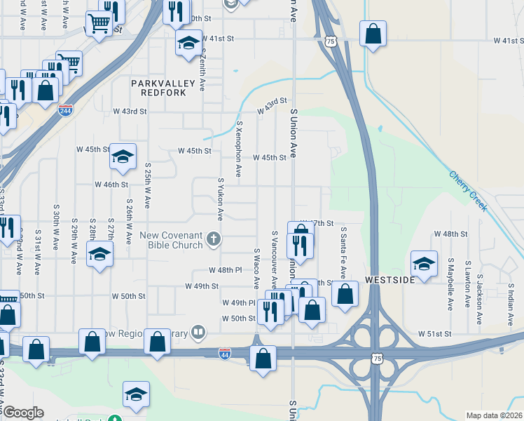 map of restaurants, bars, coffee shops, grocery stores, and more near 4635 South Waco Avenue in Tulsa