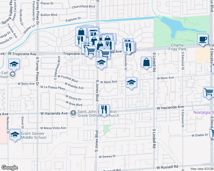 map of restaurants, bars, coffee shops, grocery stores, and more near 5162 South Jones Boulevard in Las Vegas