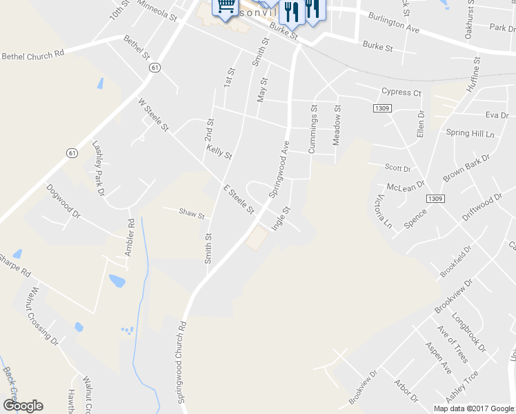map of restaurants, bars, coffee shops, grocery stores, and more near 900 Springwood Avenue in Gibsonville
