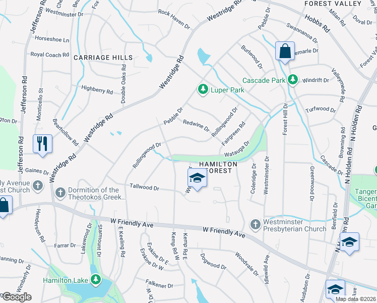 map of restaurants, bars, coffee shops, grocery stores, and more near 3912 Watauga Drive in Greensboro