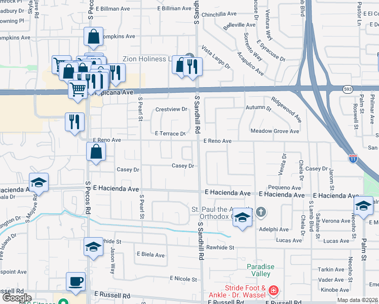map of restaurants, bars, coffee shops, grocery stores, and more near 5141 Shadow Hill Drive in Las Vegas