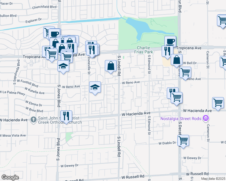 map of restaurants, bars, coffee shops, grocery stores, and more near 5161 South Lindell Road in Las Vegas