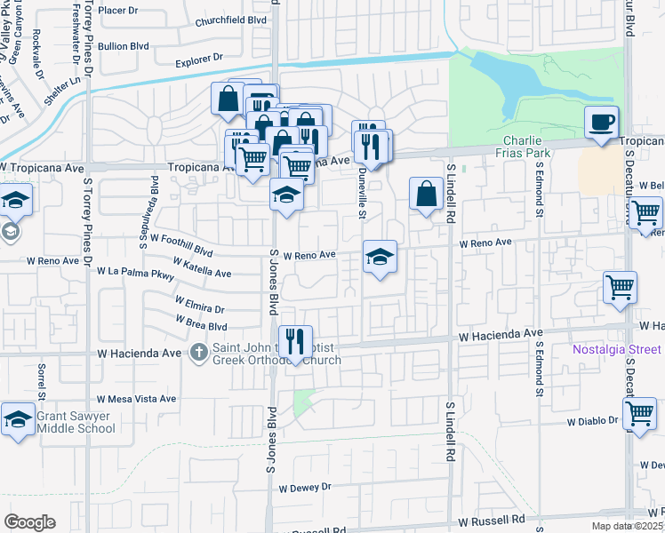 map of restaurants, bars, coffee shops, grocery stores, and more near 5142 South Jones Boulevard in Las Vegas