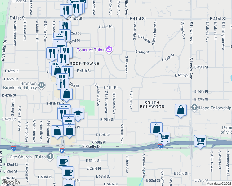 map of restaurants, bars, coffee shops, grocery stores, and more near 4629 South Trenton Avenue in Tulsa