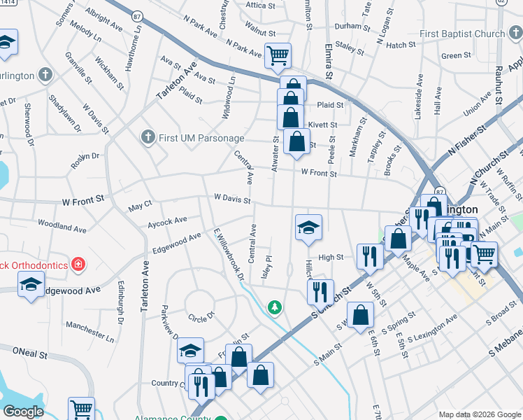 map of restaurants, bars, coffee shops, grocery stores, and more near 912 West Davis Street in Burlington