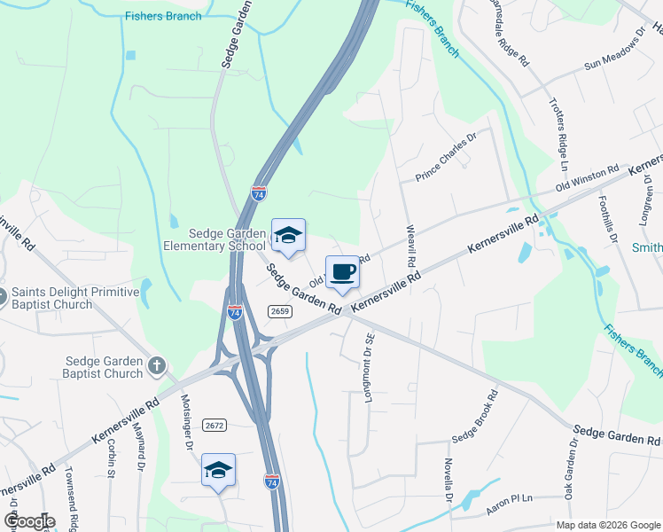 map of restaurants, bars, coffee shops, grocery stores, and more near 4419 Old Winston Road in Kernersville