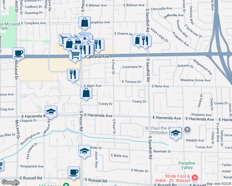 map of restaurants, bars, coffee shops, grocery stores, and more near 5140 South Pearl Street in Las Vegas