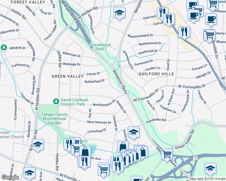 map of restaurants, bars, coffee shops, grocery stores, and more near 1209 Alderman Drive in Greensboro