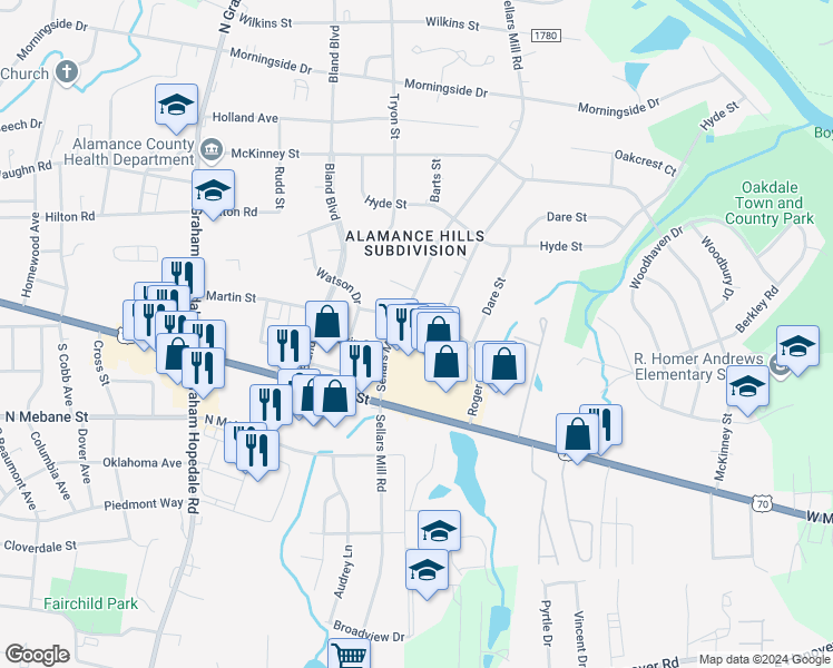 map of restaurants, bars, coffee shops, grocery stores, and more near 2205 Roger Street in Burlington