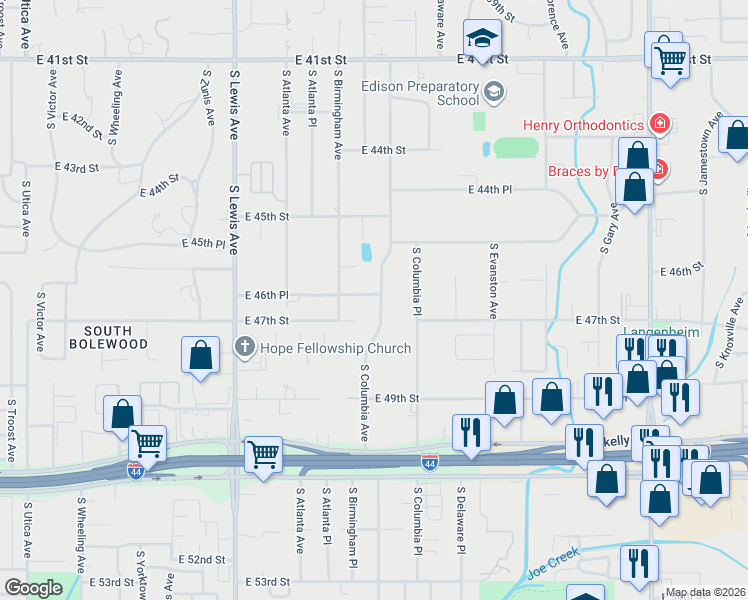 map of restaurants, bars, coffee shops, grocery stores, and more near 4608 South Columbia Avenue in Tulsa