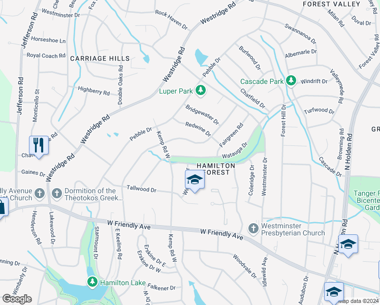 map of restaurants, bars, coffee shops, grocery stores, and more near 3912 Watauga Drive in Greensboro