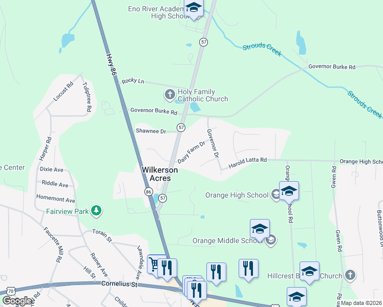 map of restaurants, bars, coffee shops, grocery stores, and more near 411 Dairy Farm Drive in Hillsborough