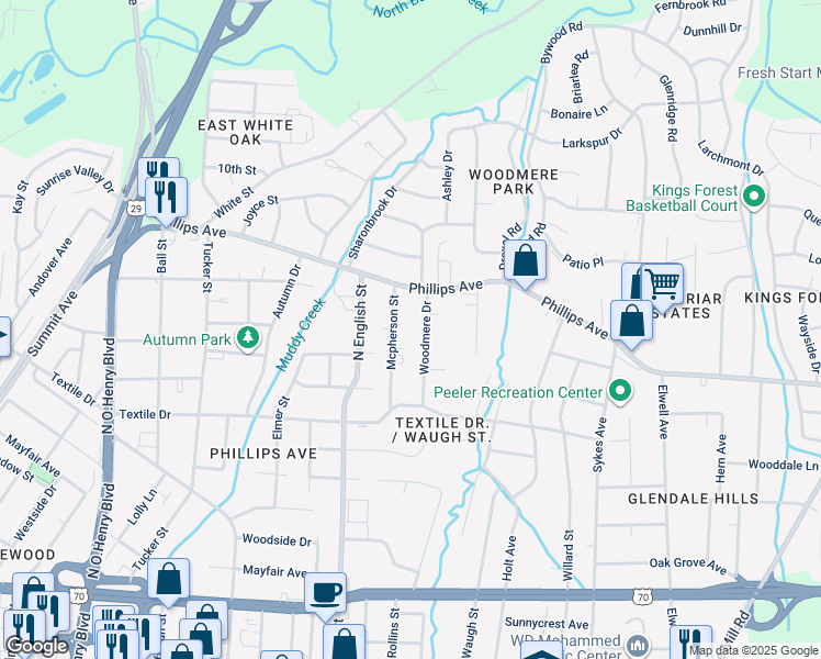 map of restaurants, bars, coffee shops, grocery stores, and more near 1509 Woodmere Drive in Greensboro