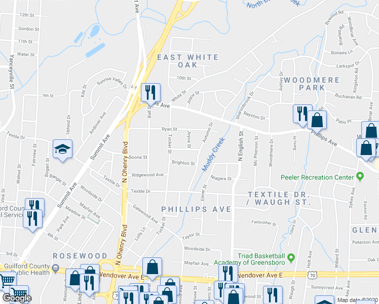 map of restaurants, bars, coffee shops, grocery stores, and more near 1720 Boone Street in Greensboro