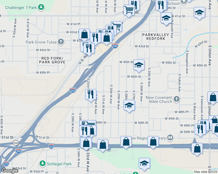 map of restaurants, bars, coffee shops, grocery stores, and more near 4635 South 31st West Avenue in Tulsa