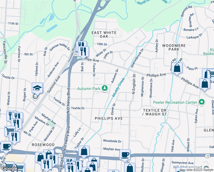 map of restaurants, bars, coffee shops, grocery stores, and more near 1722 Boone Street in Greensboro