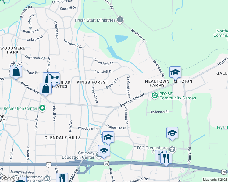 map of restaurants, bars, coffee shops, grocery stores, and more near 4305 King Arthur Place in Greensboro