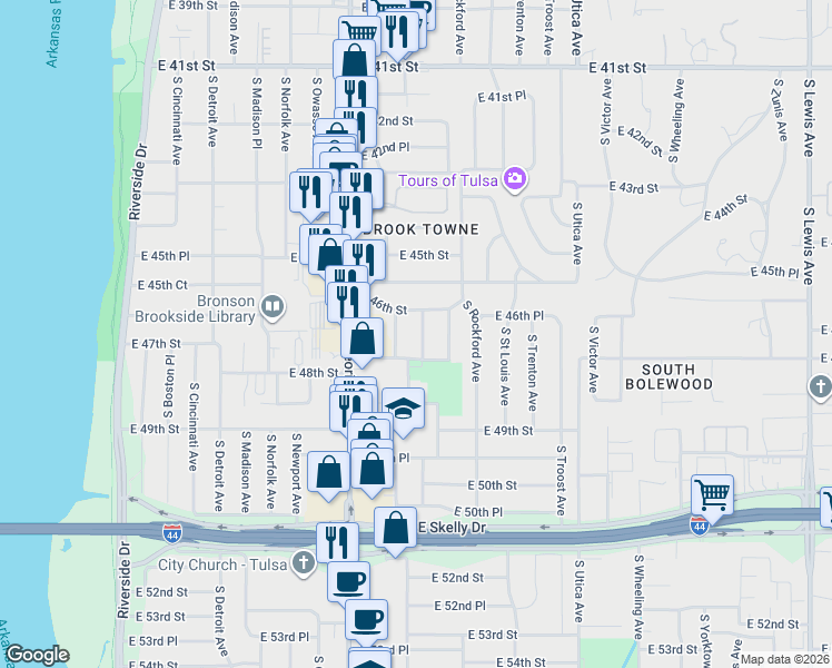 map of restaurants, bars, coffee shops, grocery stores, and more near 4622 South Quincy Avenue in Tulsa