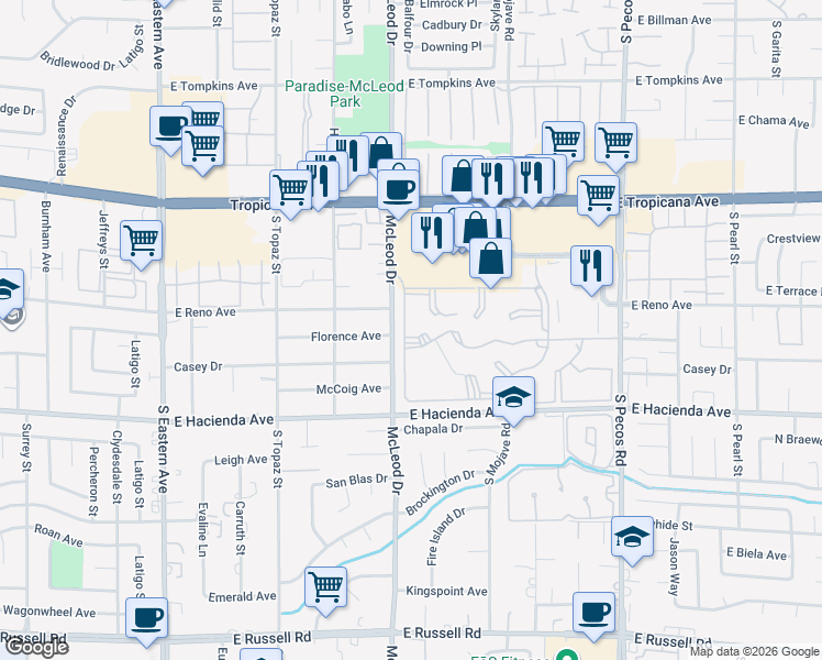 map of restaurants, bars, coffee shops, grocery stores, and more near 5150 Mandalay Springs Drive in Las Vegas
