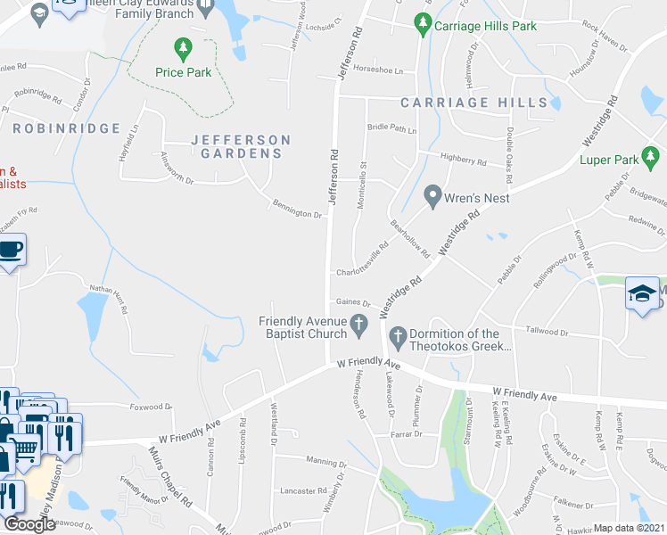 map of restaurants, bars, coffee shops, grocery stores, and more near 906 Jefferson Road in Greensboro