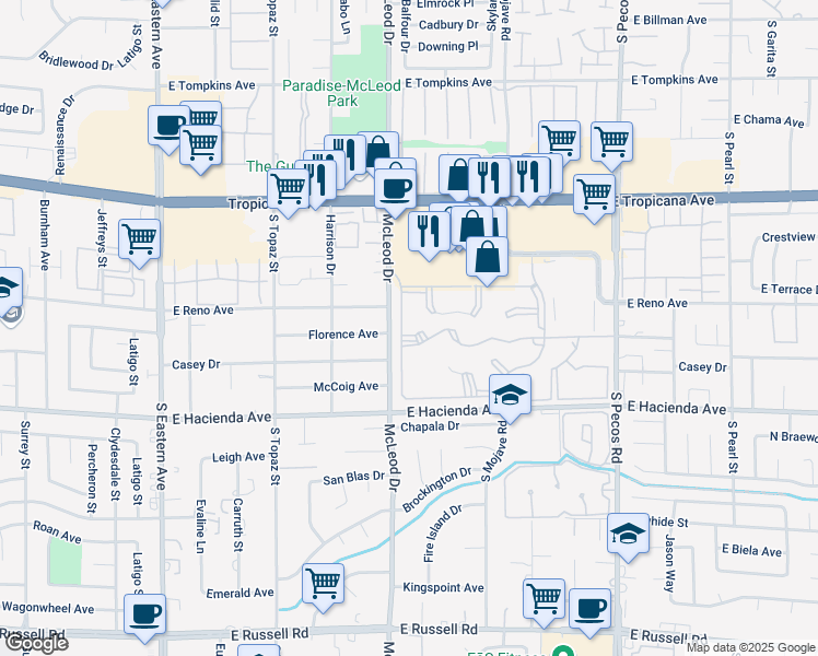 map of restaurants, bars, coffee shops, grocery stores, and more near 5150 Mandalay Springs Drive in Las Vegas