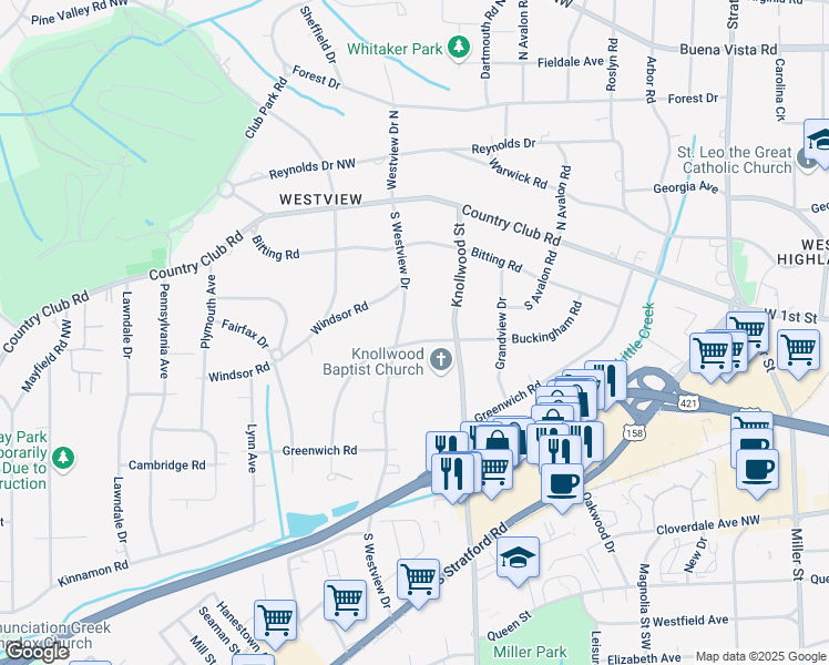 map of restaurants, bars, coffee shops, grocery stores, and more near 299 South Westview Drive in Winston-Salem