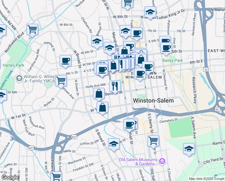 map of restaurants, bars, coffee shops, grocery stores, and more near 214 North Spruce Street in Winston-Salem