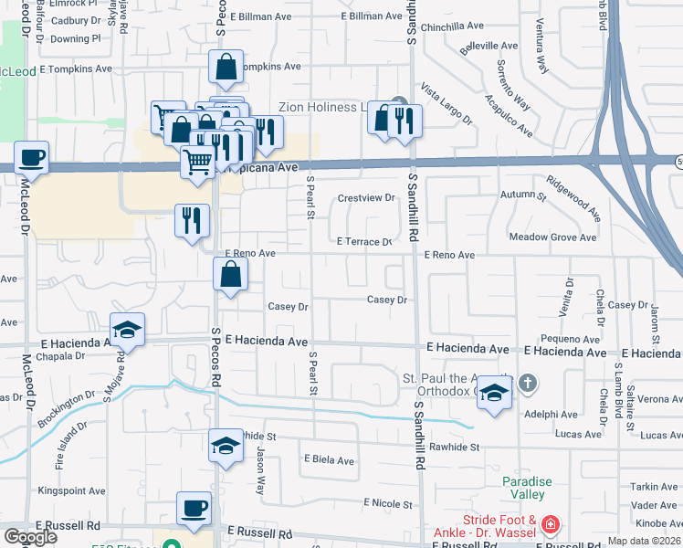 map of restaurants, bars, coffee shops, grocery stores, and more near 5151 Tennis Court Street South in Las Vegas