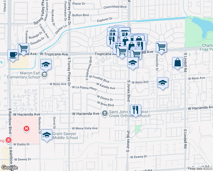 map of restaurants, bars, coffee shops, grocery stores, and more near 6246 West Katella Avenue in Las Vegas