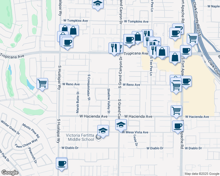 map of restaurants, bars, coffee shops, grocery stores, and more near 5128 Shadow Valley Street in Las Vegas