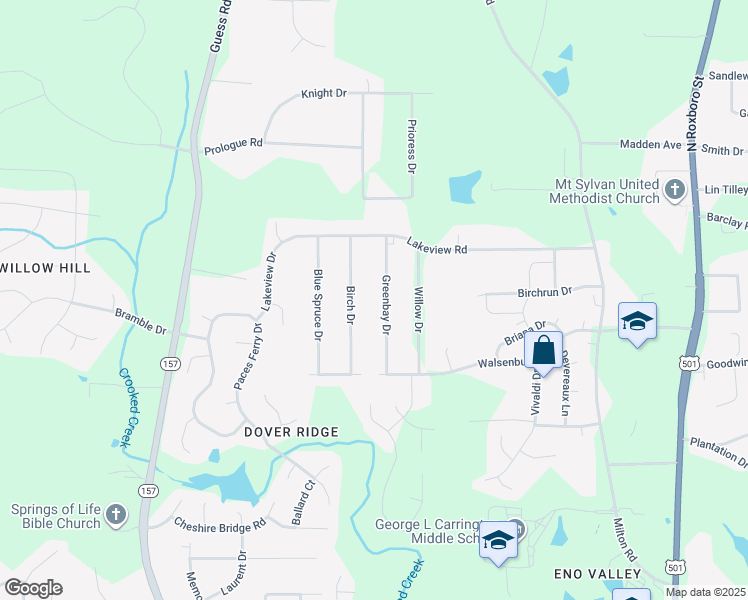 map of restaurants, bars, coffee shops, grocery stores, and more near 5701 Greenbay Drive in Durham