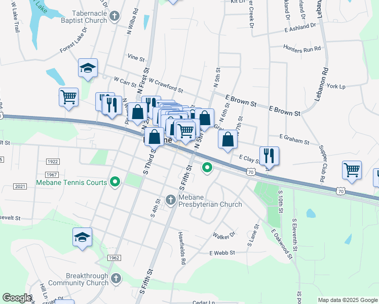 map of restaurants, bars, coffee shops, grocery stores, and more near 600 Deer Field Trce in Mebane
